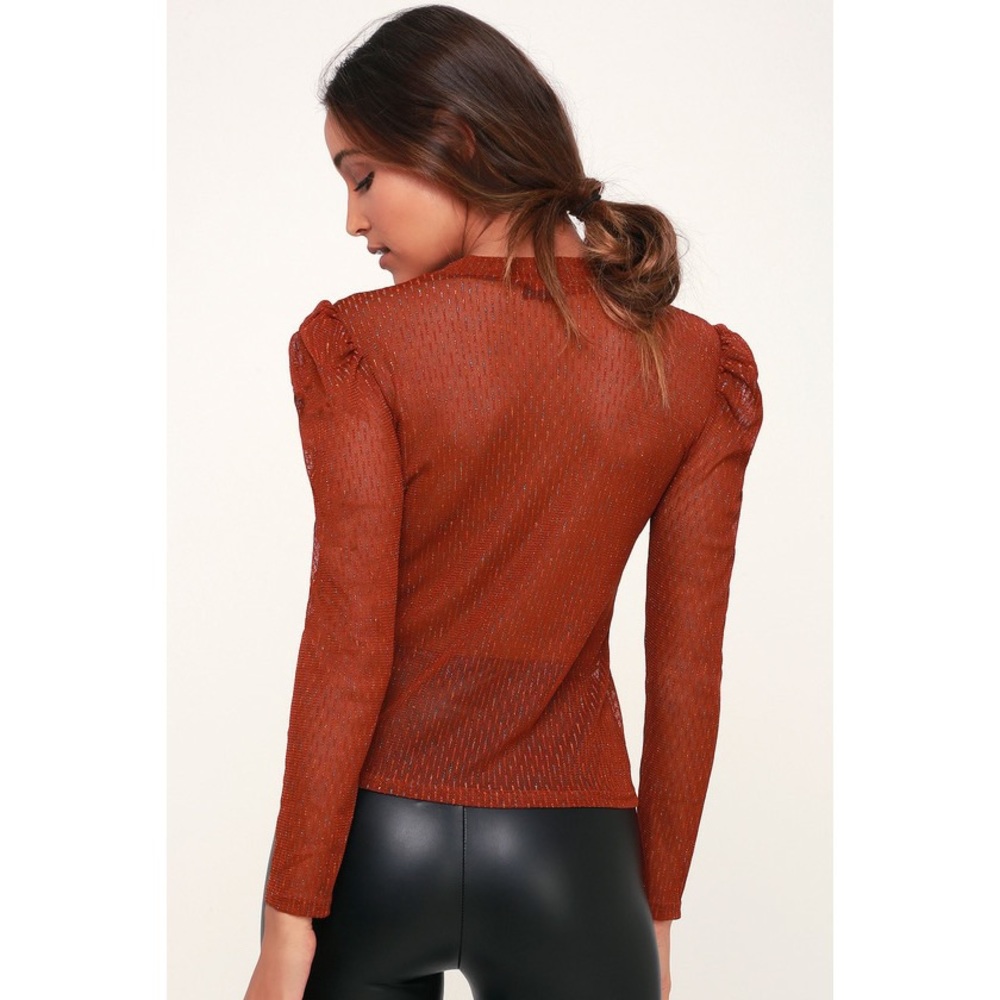 Rust Orange Sheer Long Sleeve Mock Neck Top - Picture 3 of 5